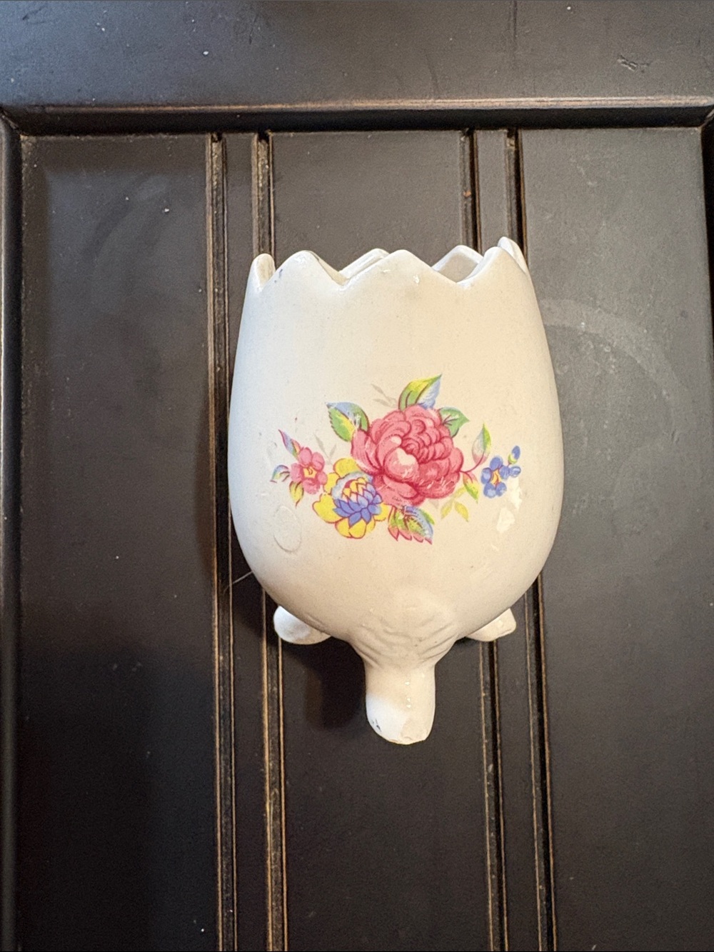 White Ceramic Tulip Planter with Pink Rose Floral Motif